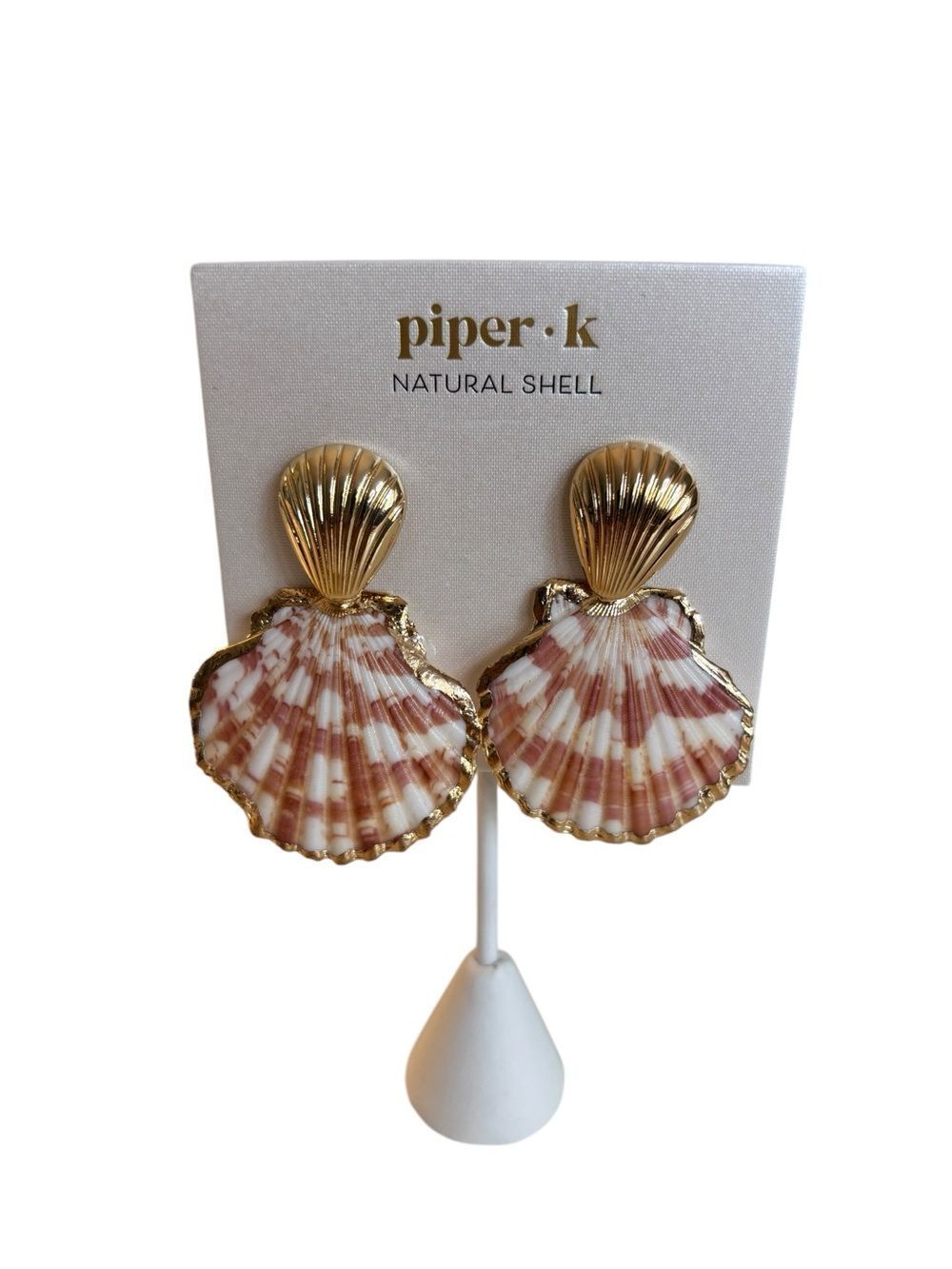 Piper•K Striped Natural Scallop Shell Dangle Earrings w/ Gold Wrapped Border.